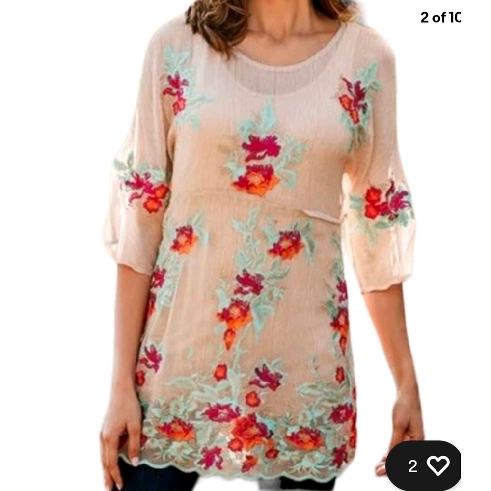 Soft Surroundings Mariella Floral Embroidered Boho Sheer Silk Blouse Tunic PL